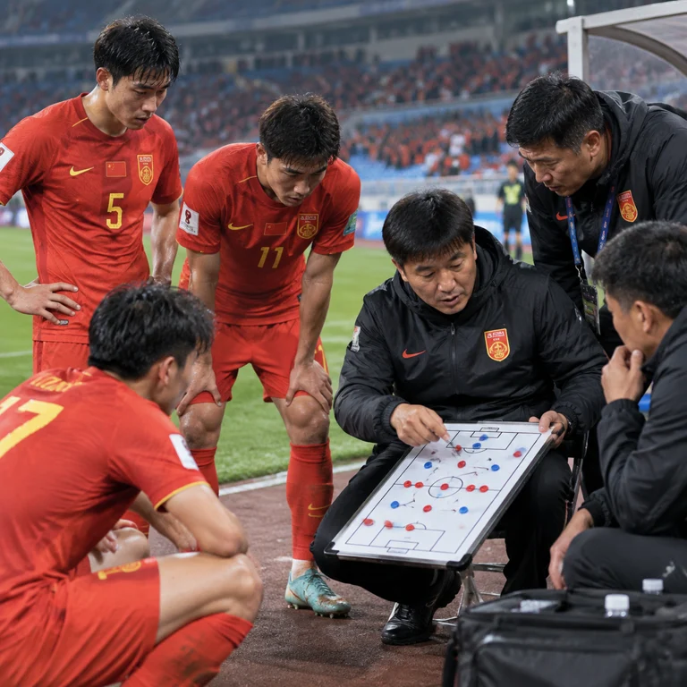 中国男足球员赛后复盘比赛，关注攻防转换与阵型调整